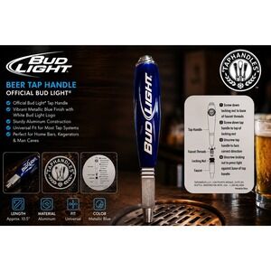 Bud Light Beer Tap Handle Blue Silver 12 Inch Draft Bar Kegerator Taphandles LLC